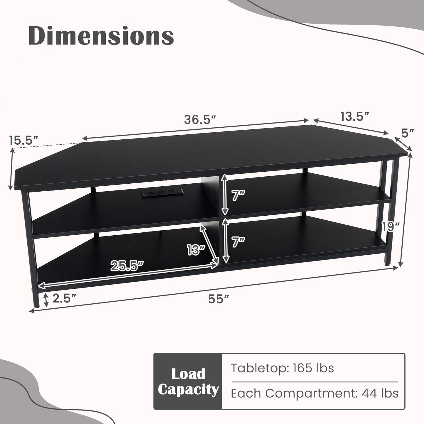 Corner TV Stand with Built-in Charging Station and Three Tiers for TVs up to 65 Inches - Black