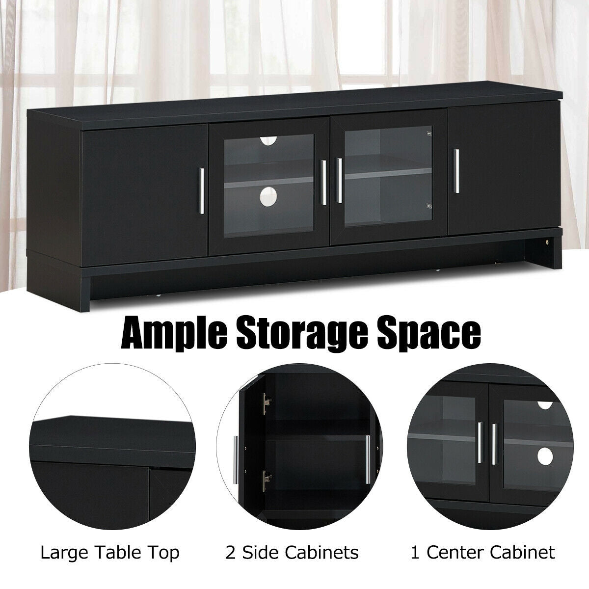 Modern Media Console with Adjustable Shelves for TVs up to 70 Inches – Black
