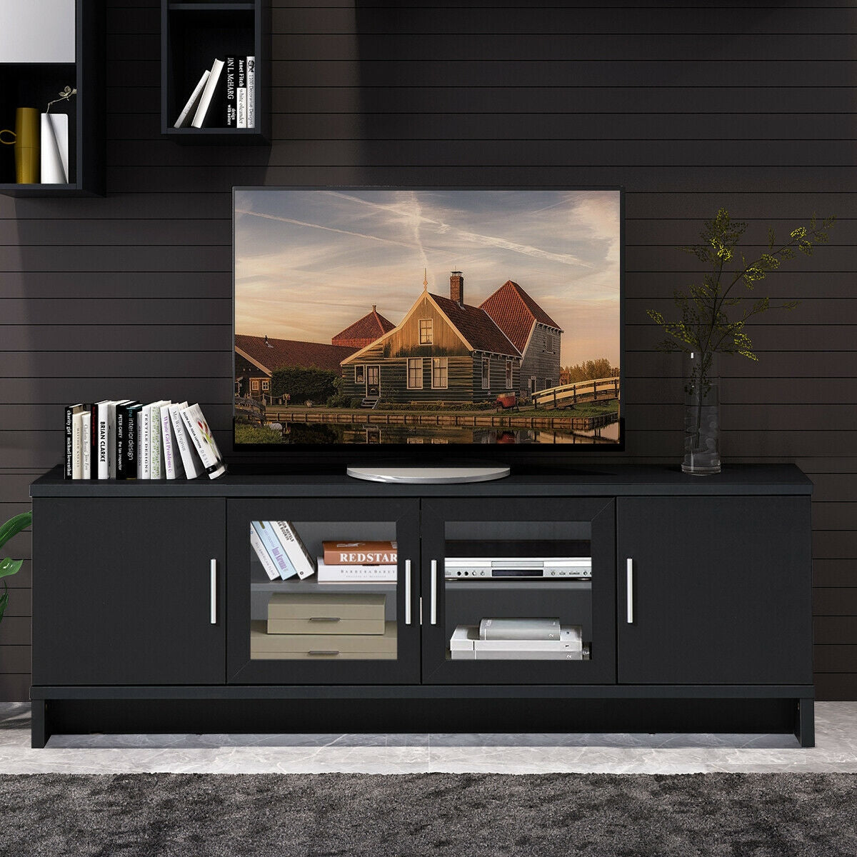 Modern Media Console with Adjustable Shelves for TVs up to 70 Inches – Black