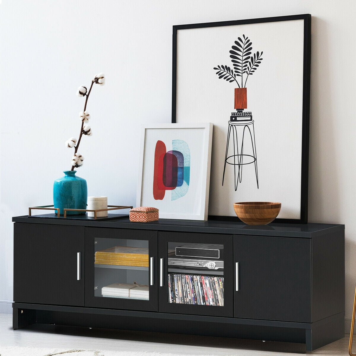 Modern Media Console with Adjustable Shelves for TVs up to 70 Inches – Black