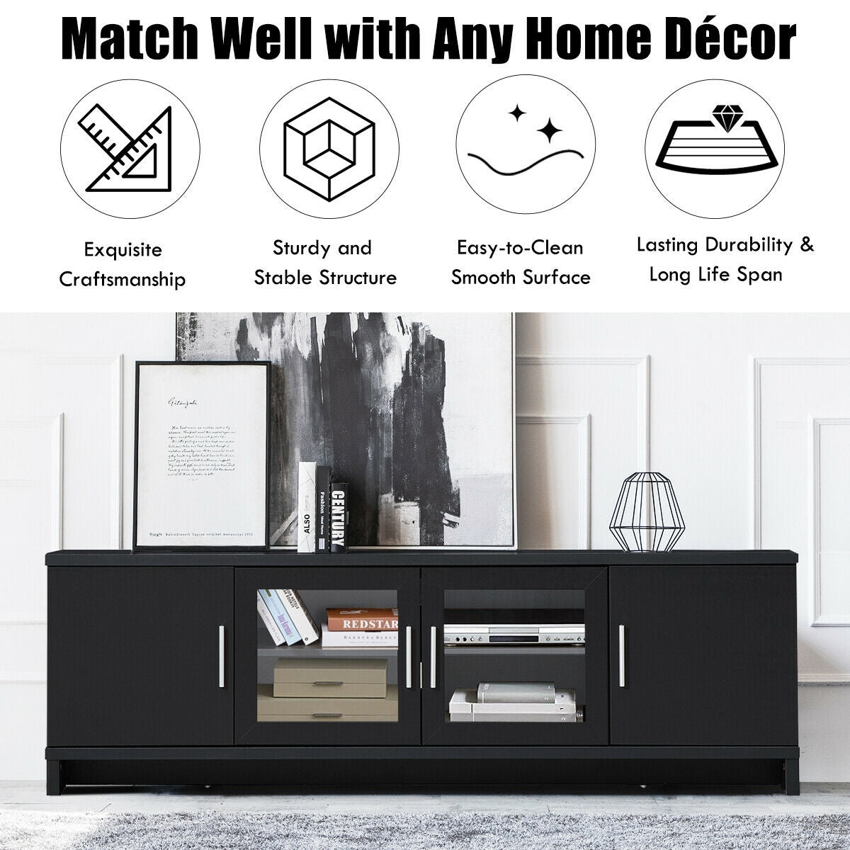 Modern Media Console with Adjustable Shelves for TVs up to 70 Inches – Black