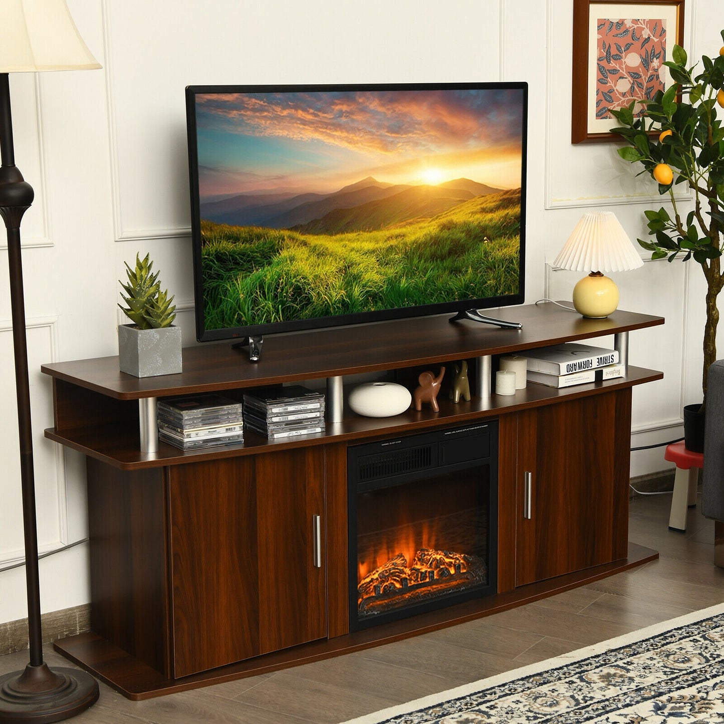 63 Inch TV Entertainment Console for TVs up to 70 Inches with 2 Storage Cabinets in Walnut
