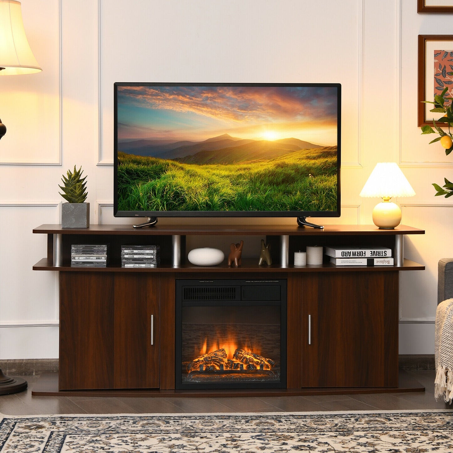 63 Inch TV Entertainment Console for TVs up to 70 Inches with 2 Storage Cabinets in Walnut