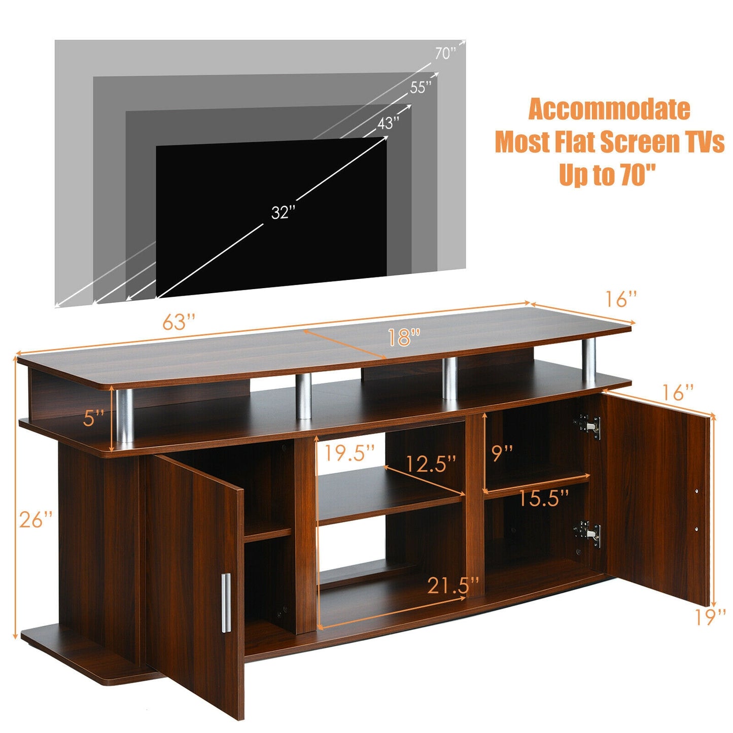 63 Inch TV Entertainment Console for TVs up to 70 Inches with 2 Storage Cabinets in Walnut