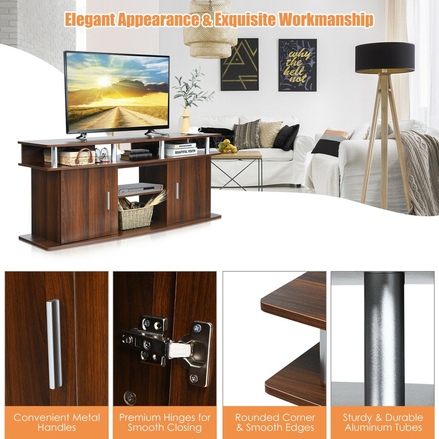 63 Inch TV Entertainment Console for TVs up to 70 Inches with 2 Storage Cabinets in Walnut