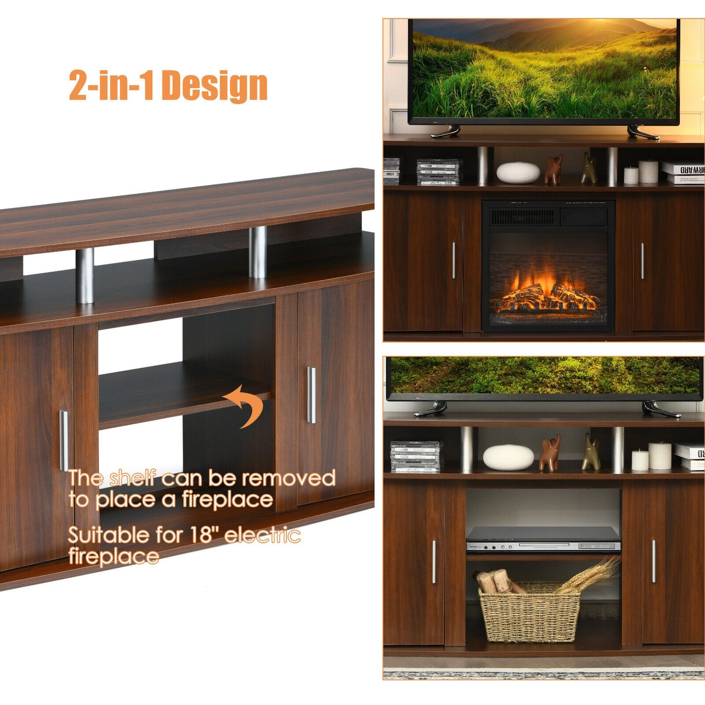 63 Inch TV Entertainment Console for TVs up to 70 Inches with 2 Storage Cabinets in Walnut