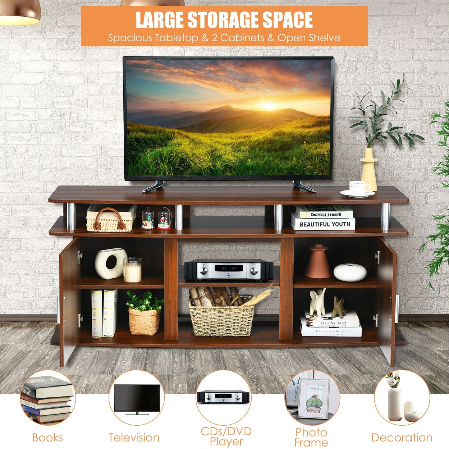 63 Inch TV Entertainment Console for TVs up to 70 Inches with 2 Storage Cabinets in Walnut