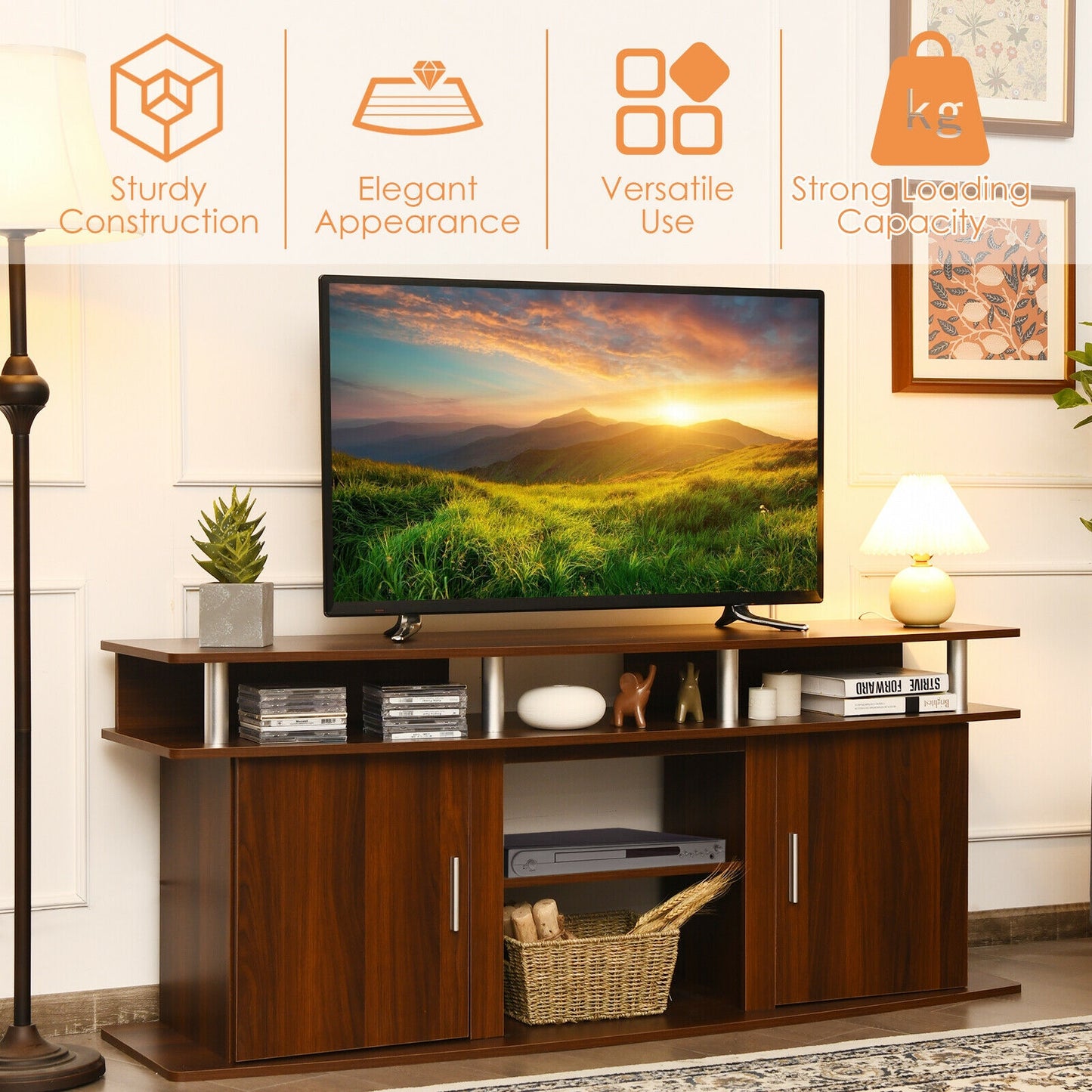 63 Inch TV Entertainment Console for TVs up to 70 Inches with 2 Storage Cabinets in Walnut