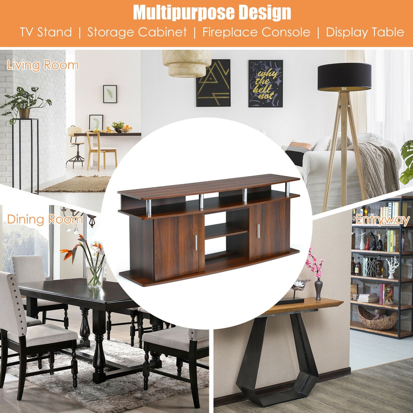 63 Inch TV Entertainment Console for TVs up to 70 Inches with 2 Storage Cabinets in Walnut