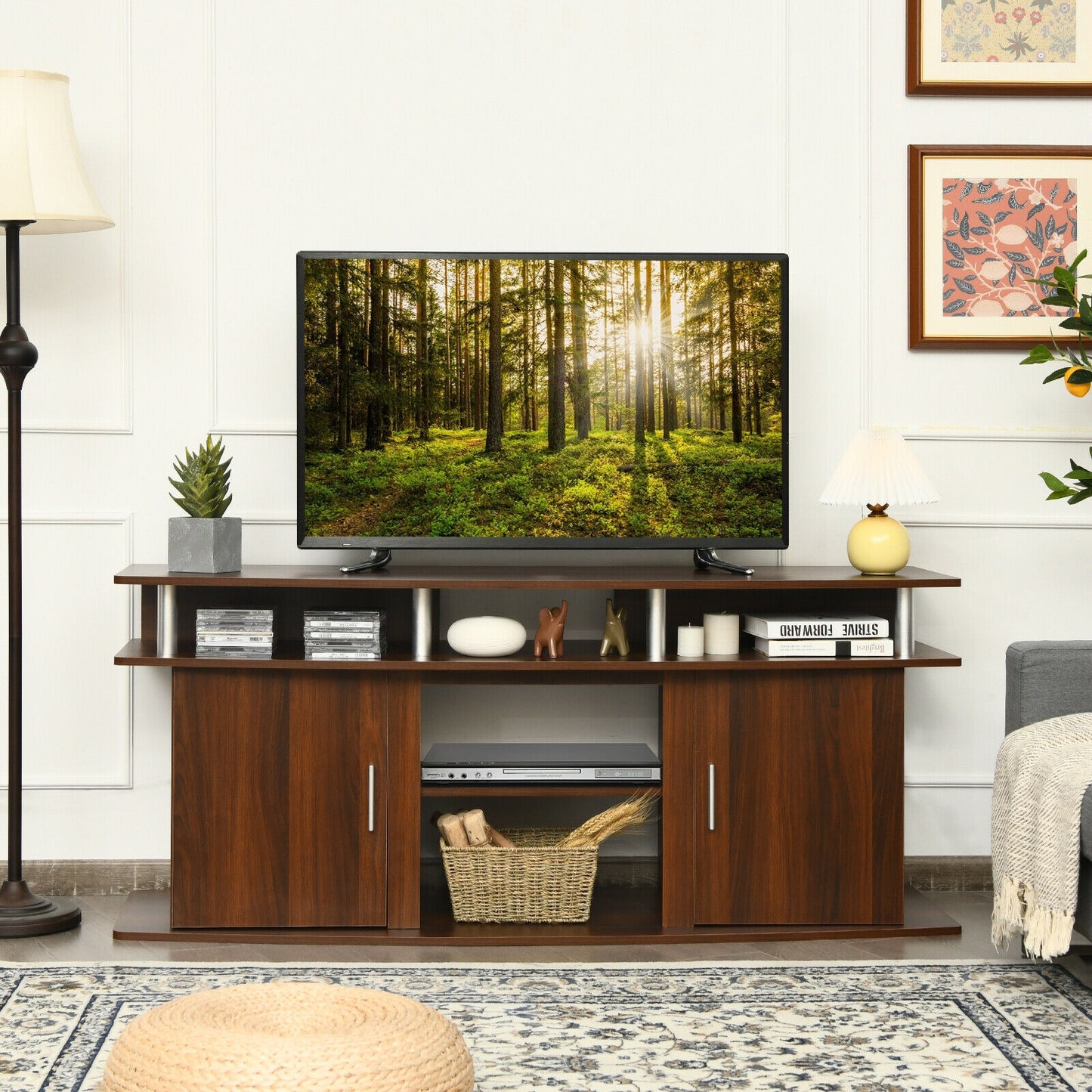 63 Inch TV Entertainment Console for TVs up to 70 Inches with 2 Storage Cabinets in Walnut