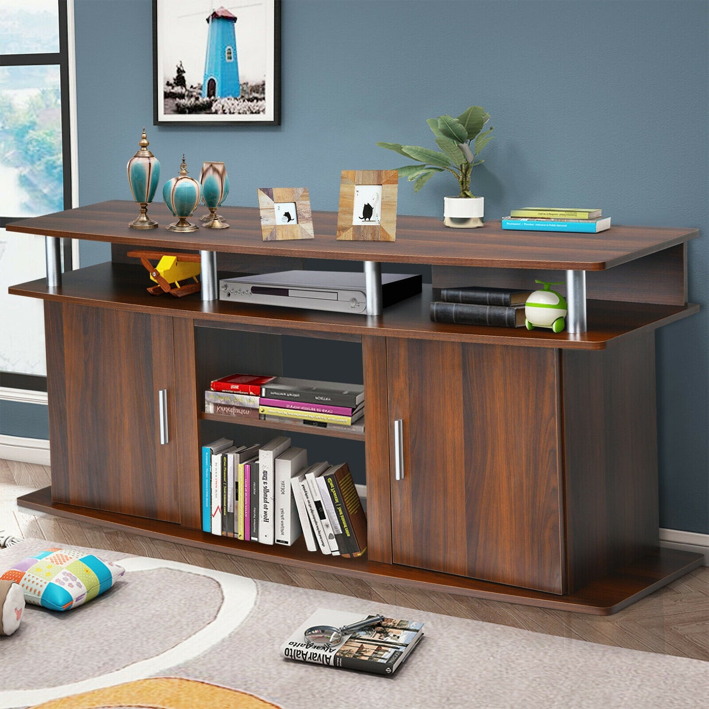 63 Inch TV Entertainment Console for TVs up to 70 Inches with 2 Storage Cabinets in Walnut
