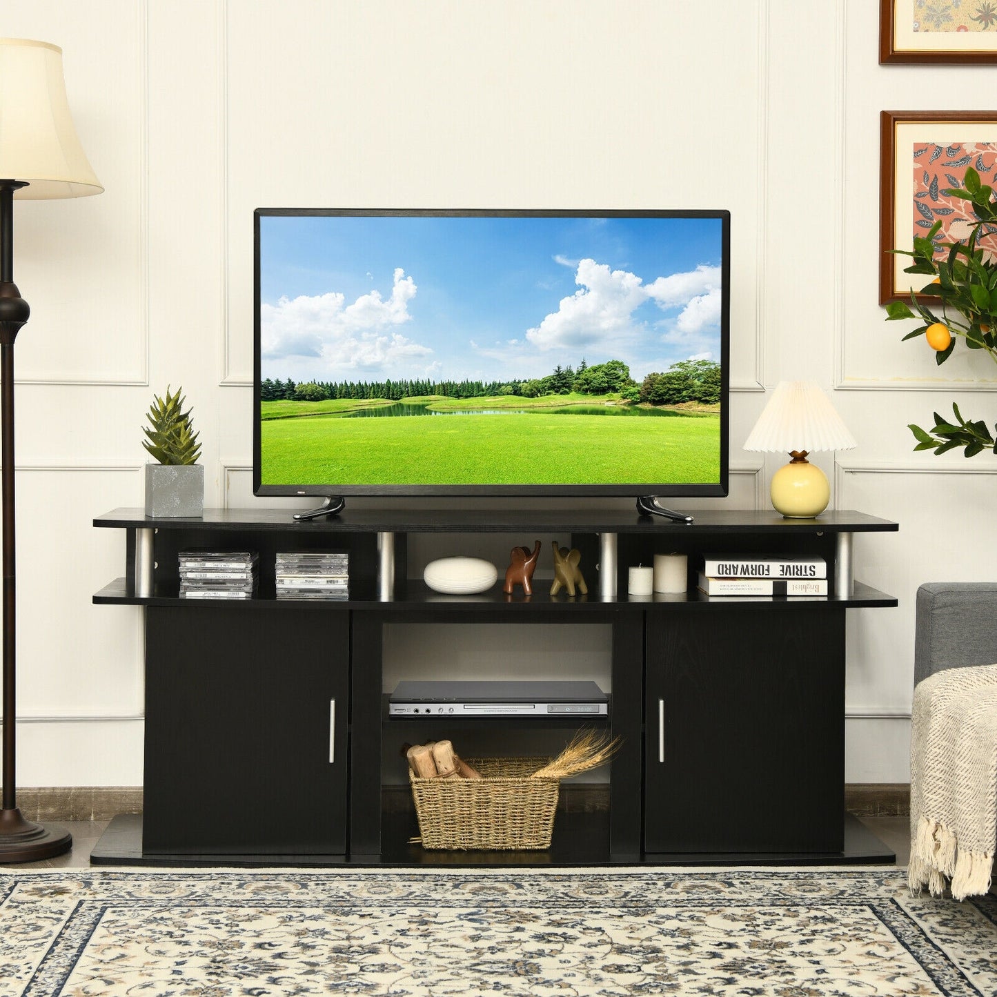63 Inch TV Entertainment Console for TVs up to 70 Inches with 2 Storage Cabinets in Black