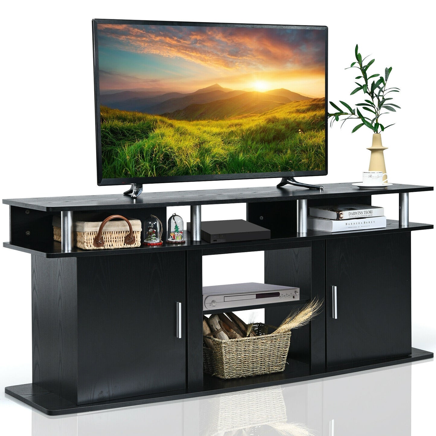 63 Inch TV Entertainment Console for TVs up to 70 Inches with 2 Storage Cabinets in Black