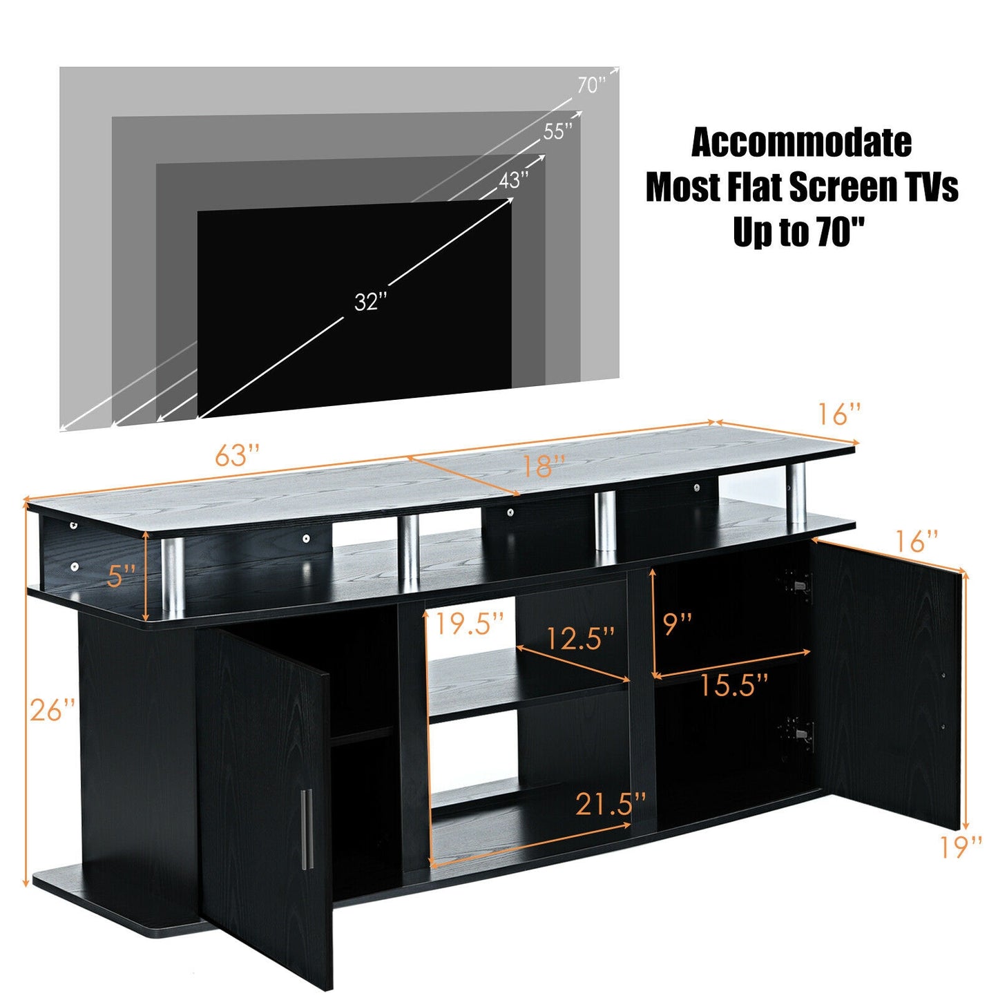 63 Inch TV Entertainment Console for TVs up to 70 Inches with 2 Storage Cabinets in Black