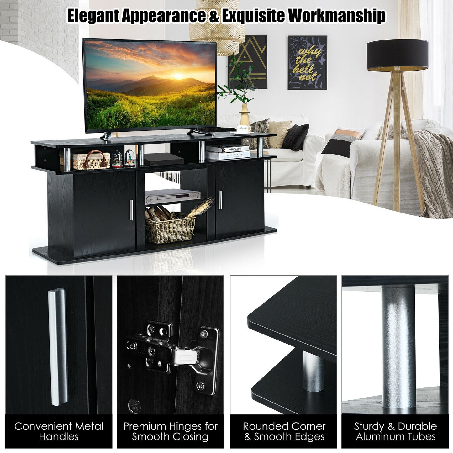 63 Inch TV Entertainment Console for TVs up to 70 Inches with 2 Storage Cabinets in Black