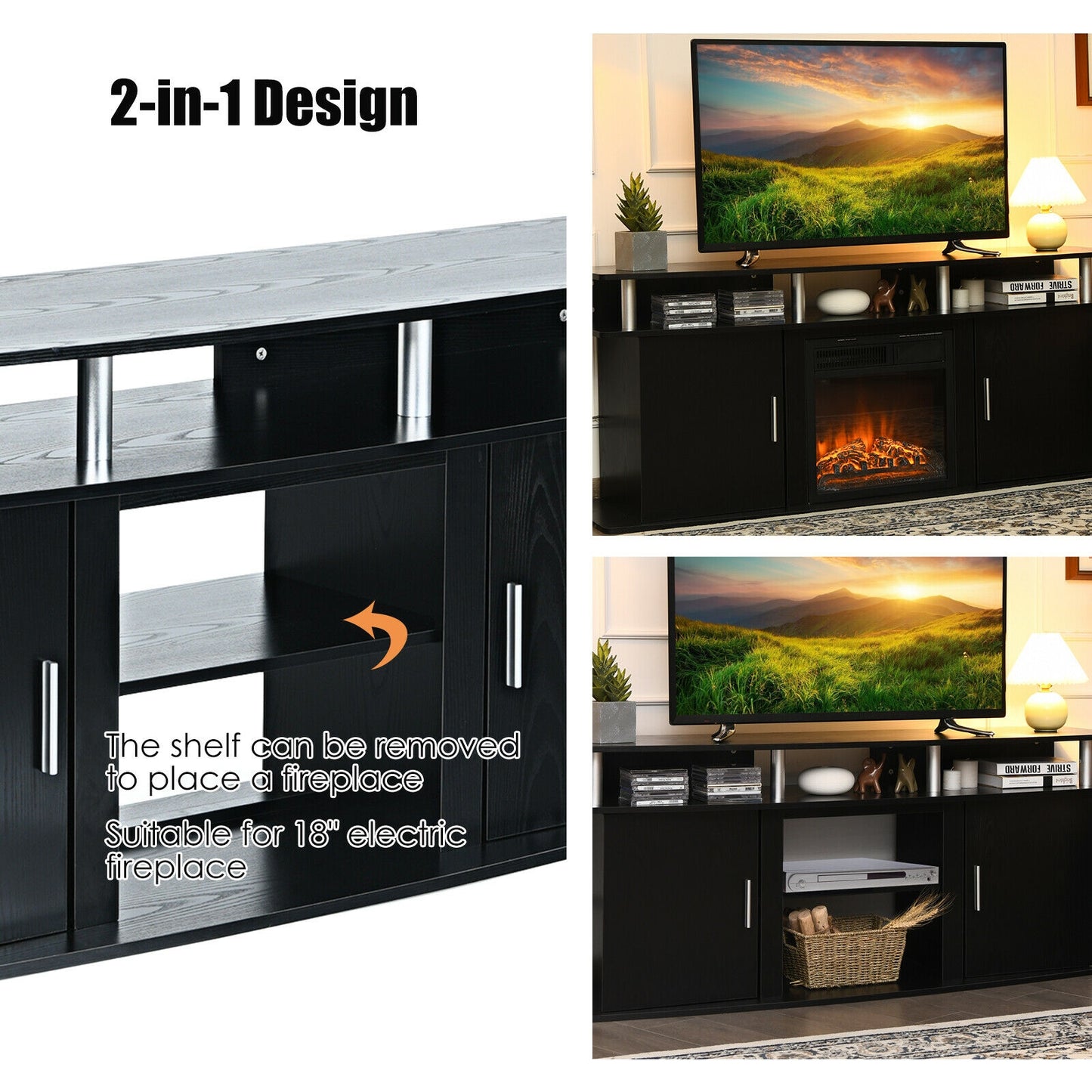 63 Inch TV Entertainment Console for TVs up to 70 Inches with 2 Storage Cabinets in Black