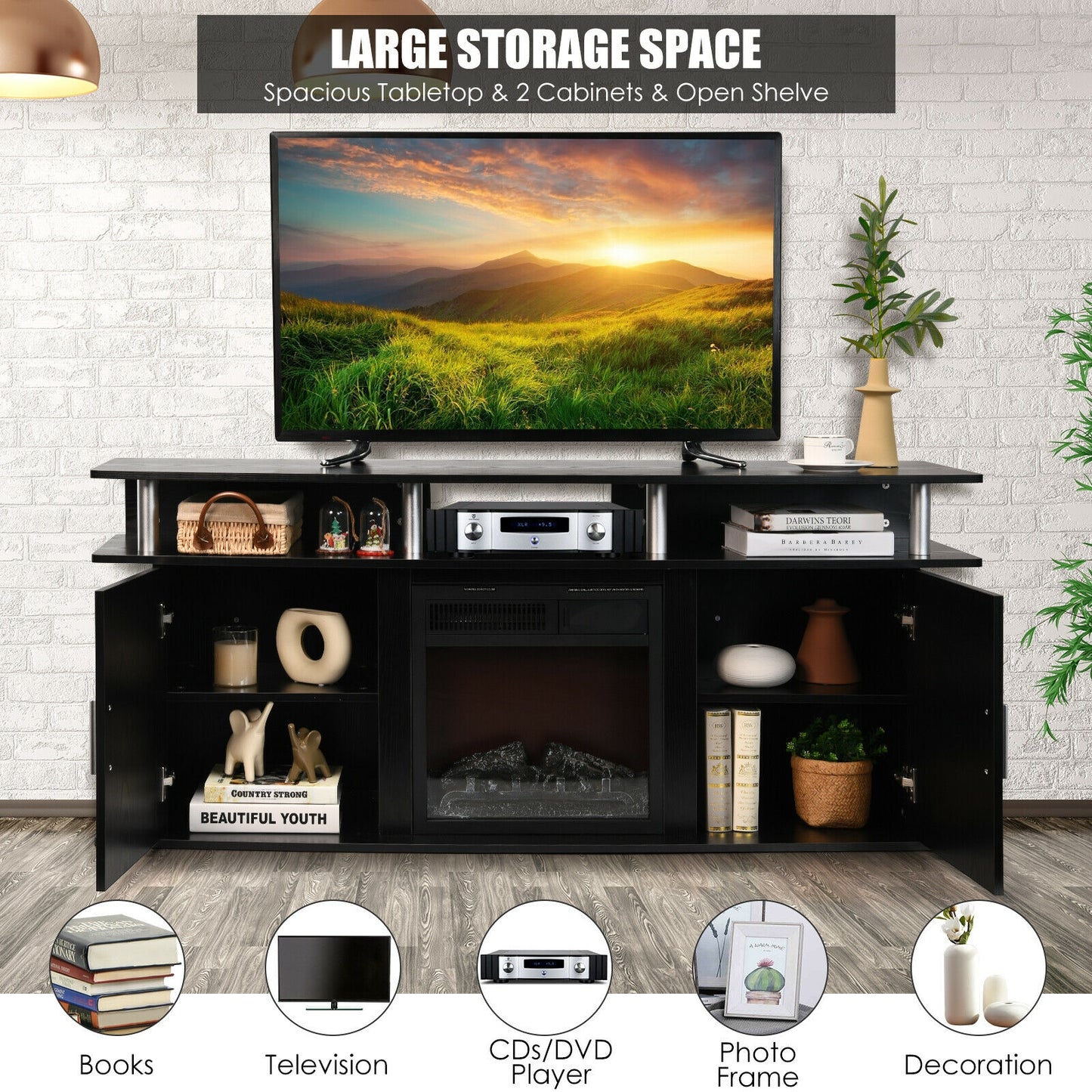 63 Inch TV Entertainment Console for TVs up to 70 Inches with 2 Storage Cabinets in Black