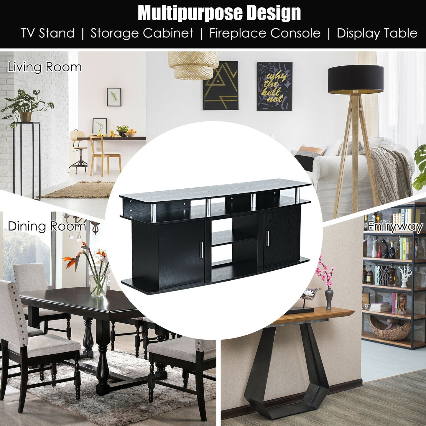 63 Inch TV Entertainment Console for TVs up to 70 Inches with 2 Storage Cabinets in Black