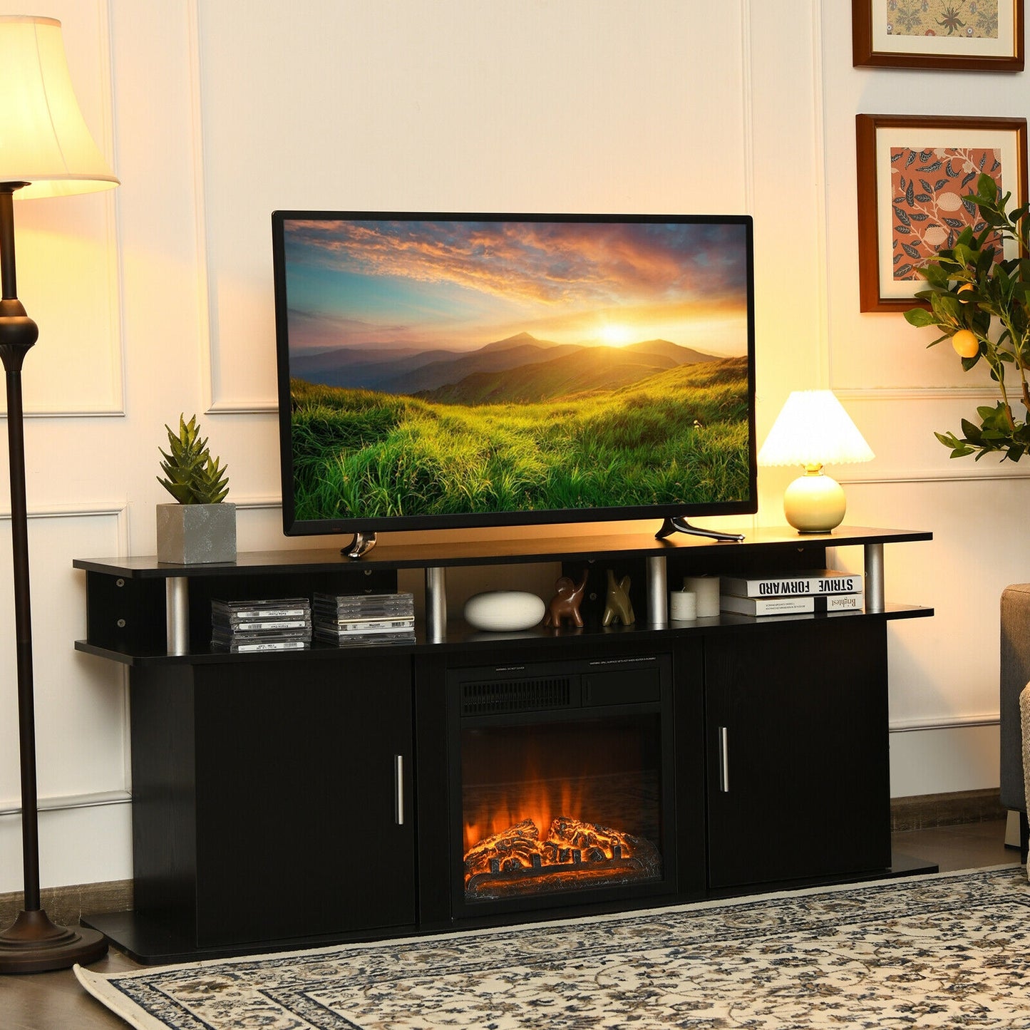 63 Inch TV Entertainment Console for TVs up to 70 Inches with 2 Storage Cabinets in Black