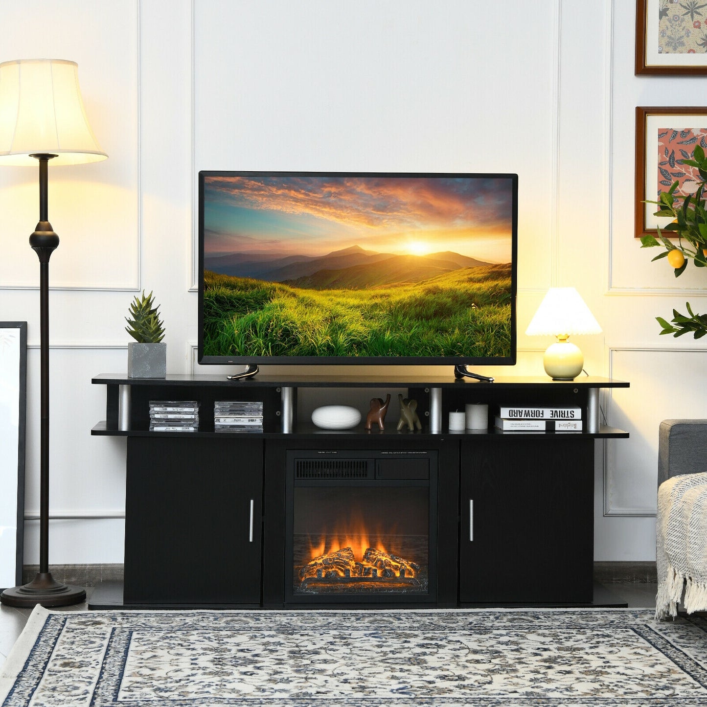 63 Inch TV Entertainment Console for TVs up to 70 Inches with 2 Storage Cabinets in Black