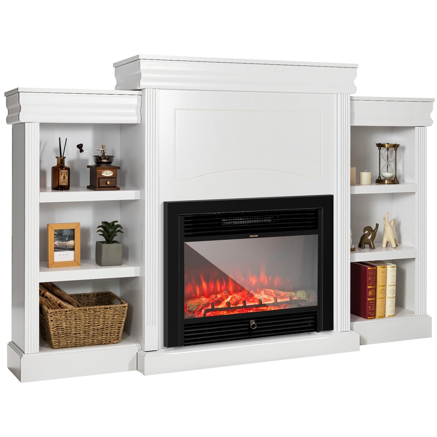 Contemporary TV Stand with Open Bookcase and Fireplace Cabinet for 40 Inch TVs – White