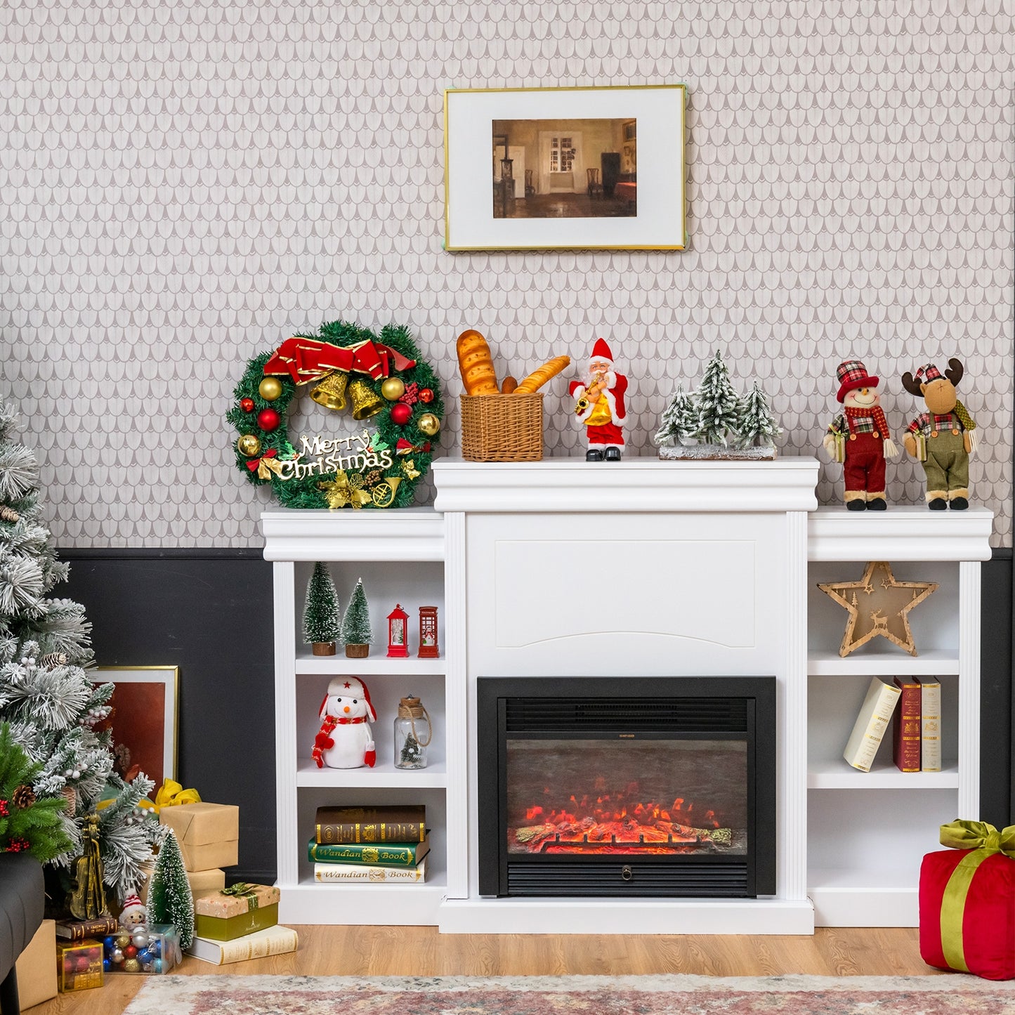 Contemporary TV Stand with Open Bookcase and Fireplace Cabinet for 40 Inch TVs – White
