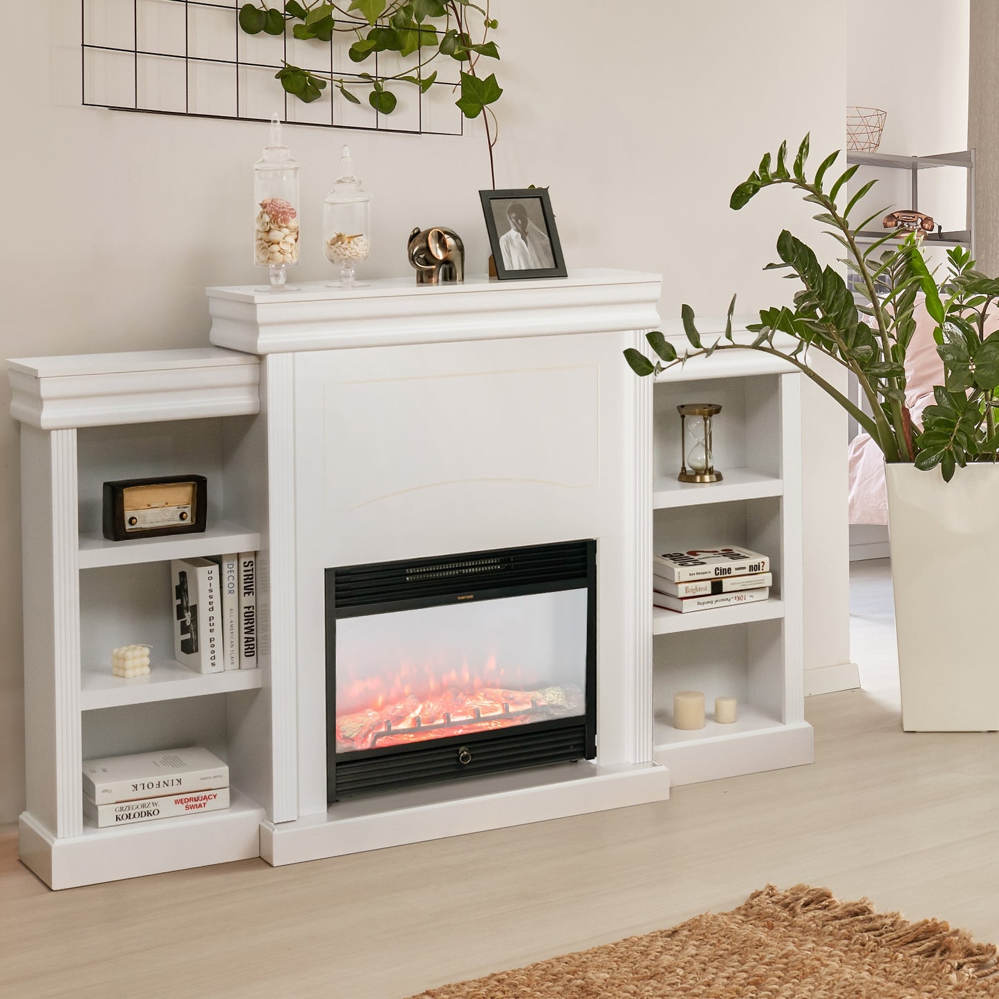 Contemporary TV Stand with Open Bookcase and Fireplace Cabinet for 40 Inch TVs – White
