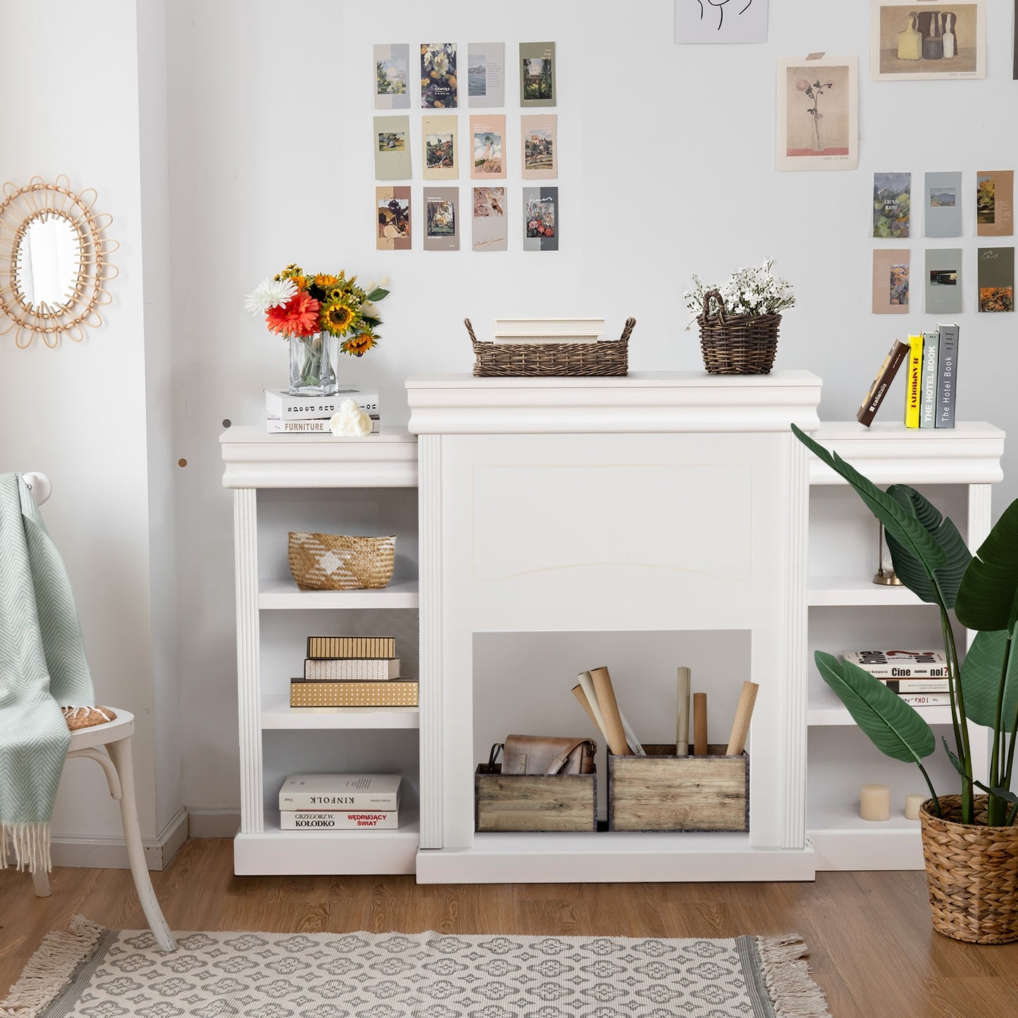 Contemporary TV Stand with Open Bookcase and Fireplace Cabinet for 40 Inch TVs – White