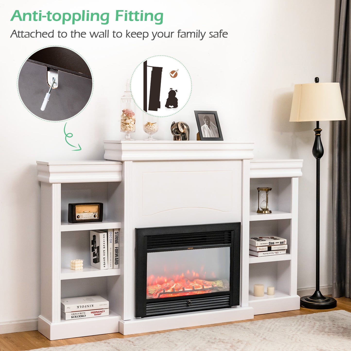 Contemporary TV Stand with Open Bookcase and Fireplace Cabinet for 40 Inch TVs – White