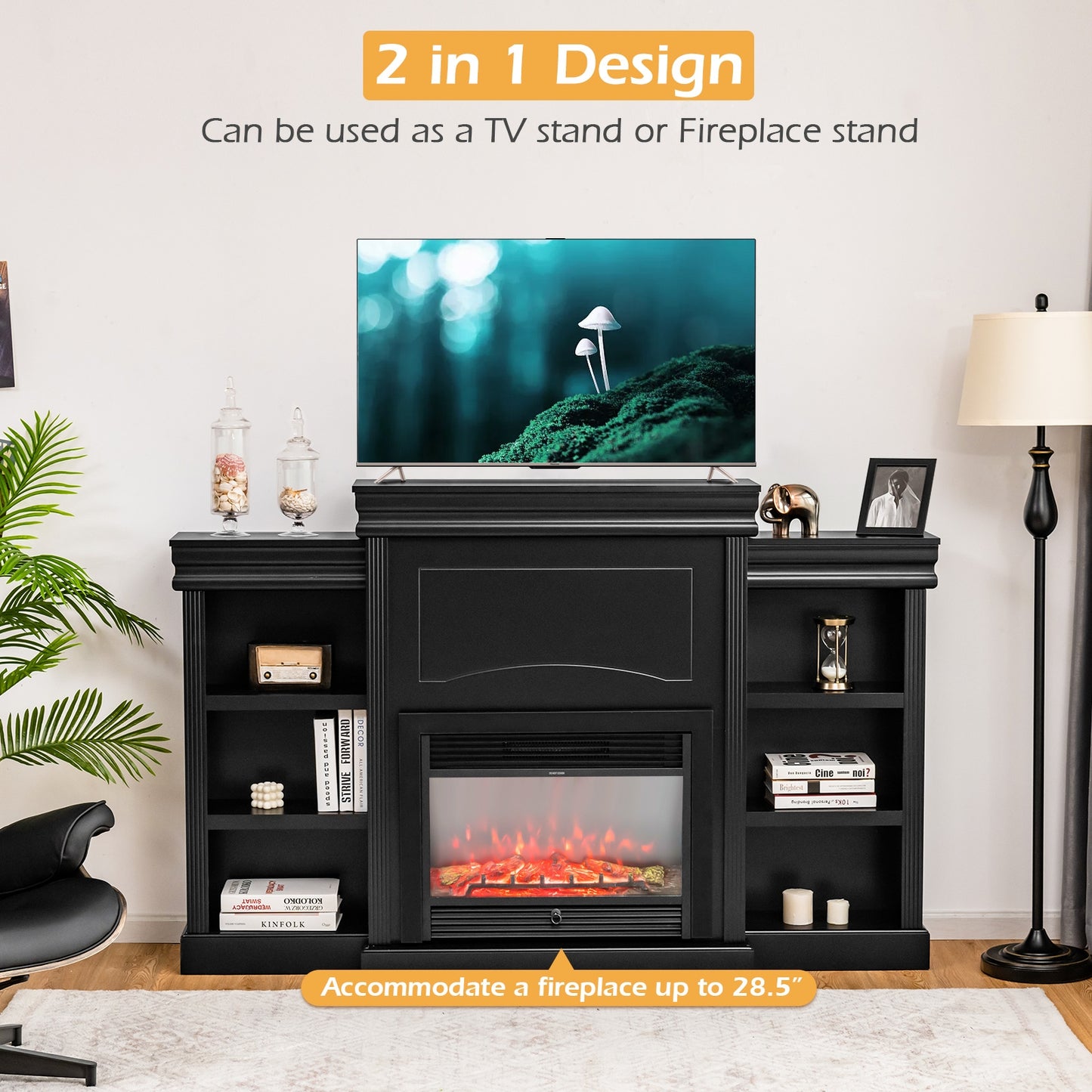 Contemporary TV Stand with Open Bookcase and Fireplace Cabinet for 40 Inch TVs – Black