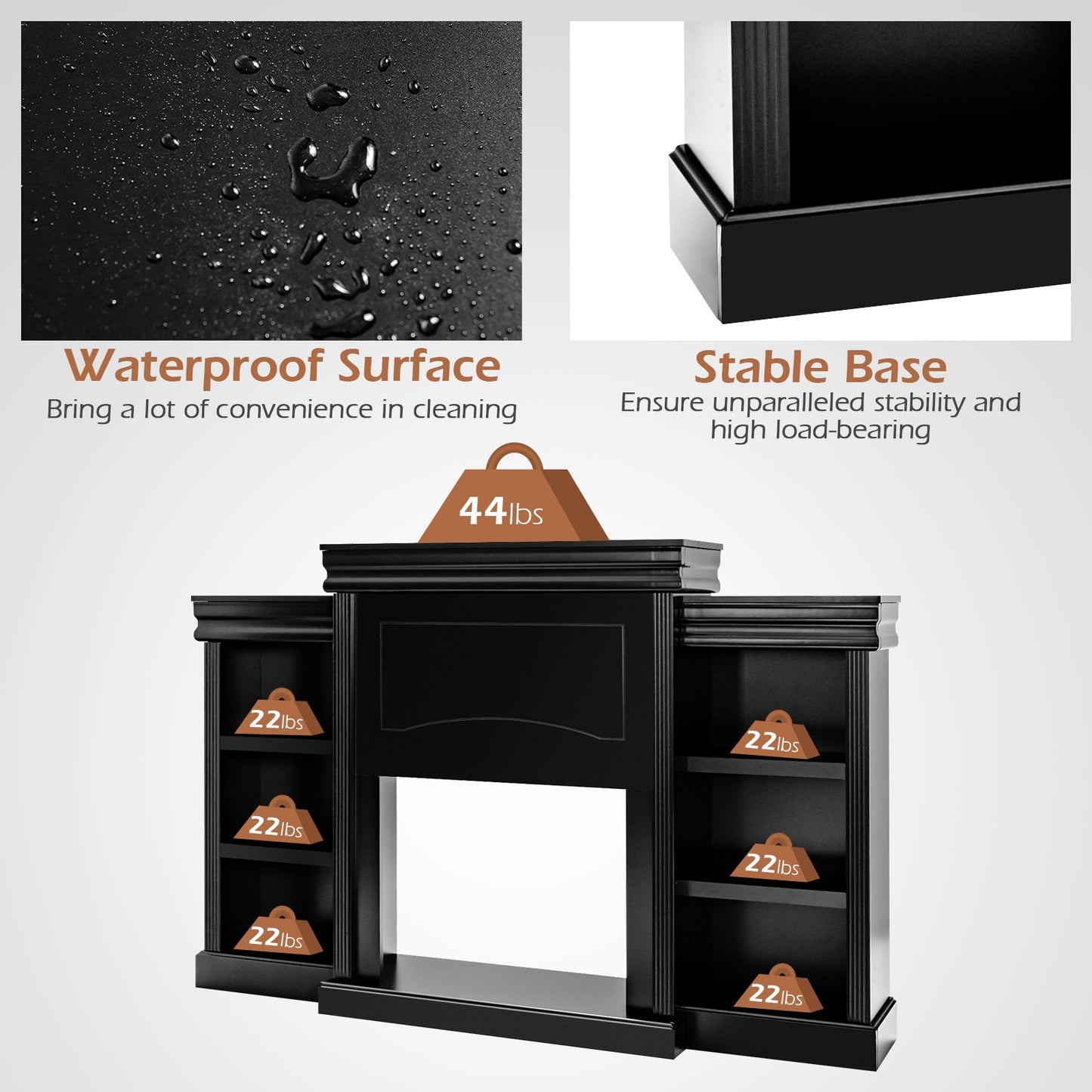 Contemporary TV Stand with Open Bookcase and Fireplace Cabinet for 40 Inch TVs – Black