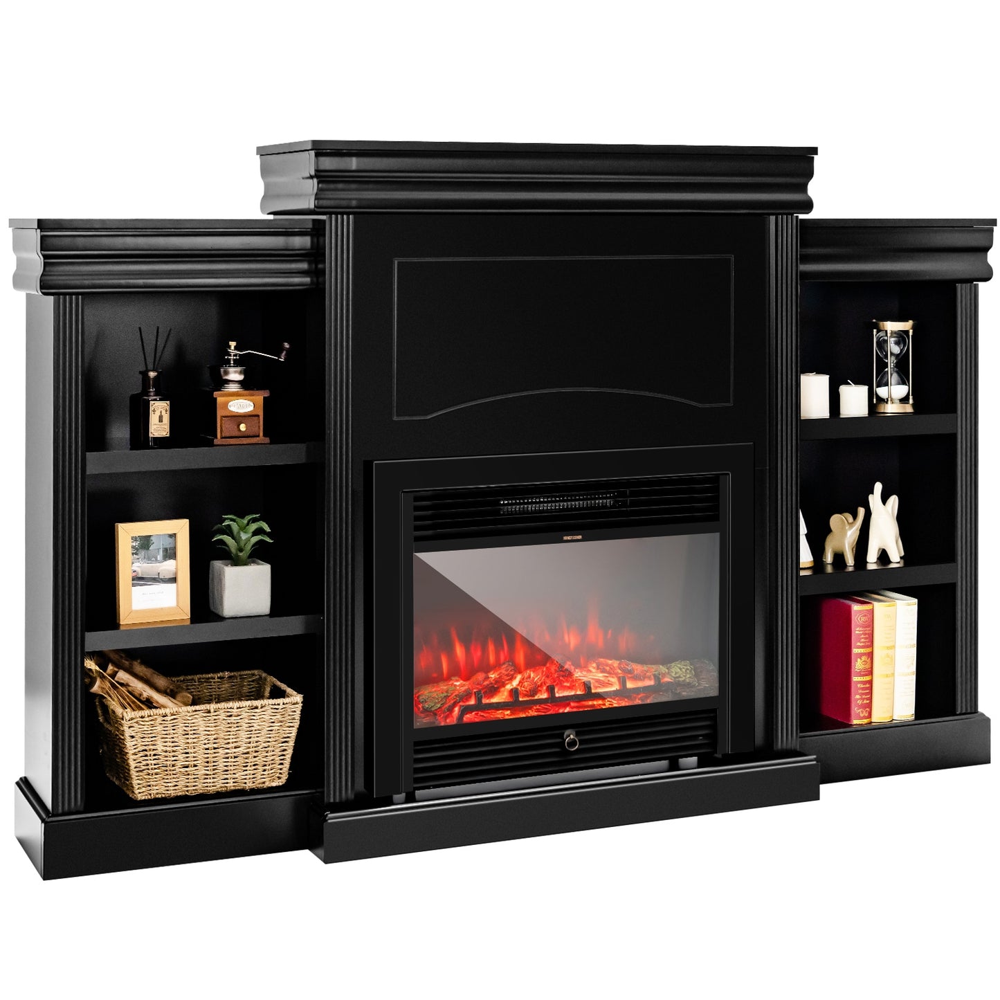 Contemporary TV Stand with Open Bookcase and Fireplace Cabinet for 40 Inch TVs – Black