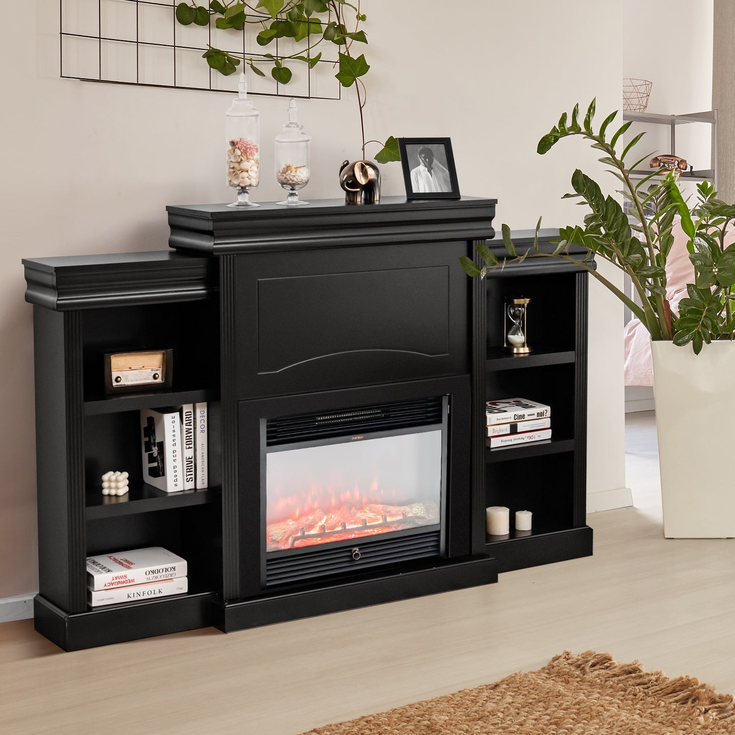 Contemporary TV Stand with Open Bookcase and Fireplace Cabinet for 40 Inch TVs – Black