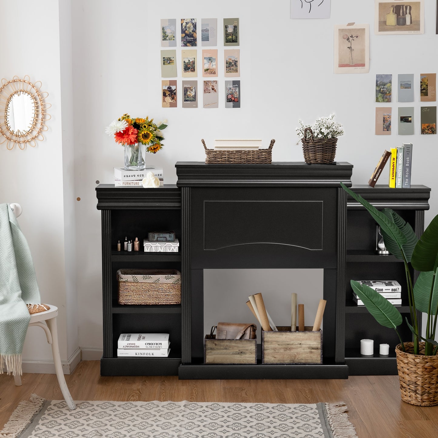 Contemporary TV Stand with Open Bookcase and Fireplace Cabinet for 40 Inch TVs – Black