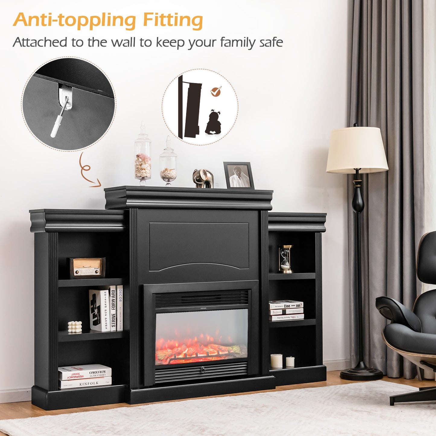 Contemporary TV Stand with Open Bookcase and Fireplace Cabinet for 40 Inch TVs – Black
