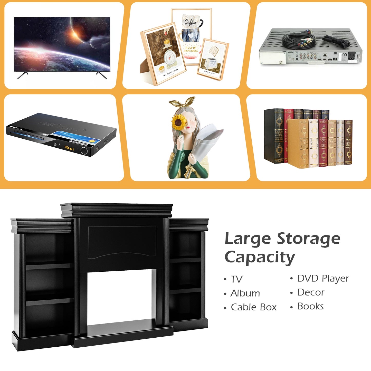 Contemporary TV Stand with Open Bookcase and Fireplace Cabinet for 40 Inch TVs – Black