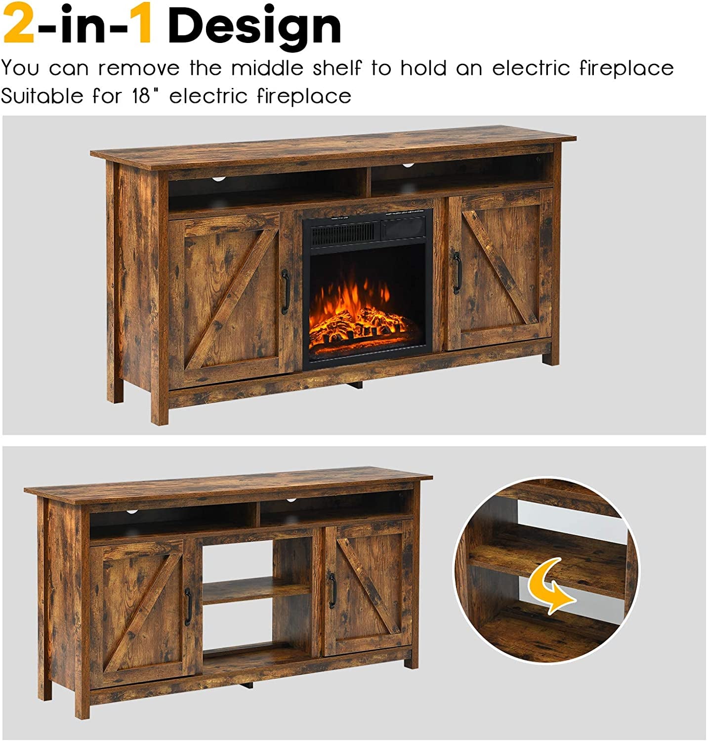 60" Industrial TV Stand with Shelves and Storage Cabinet for TVs up to 65 Inches