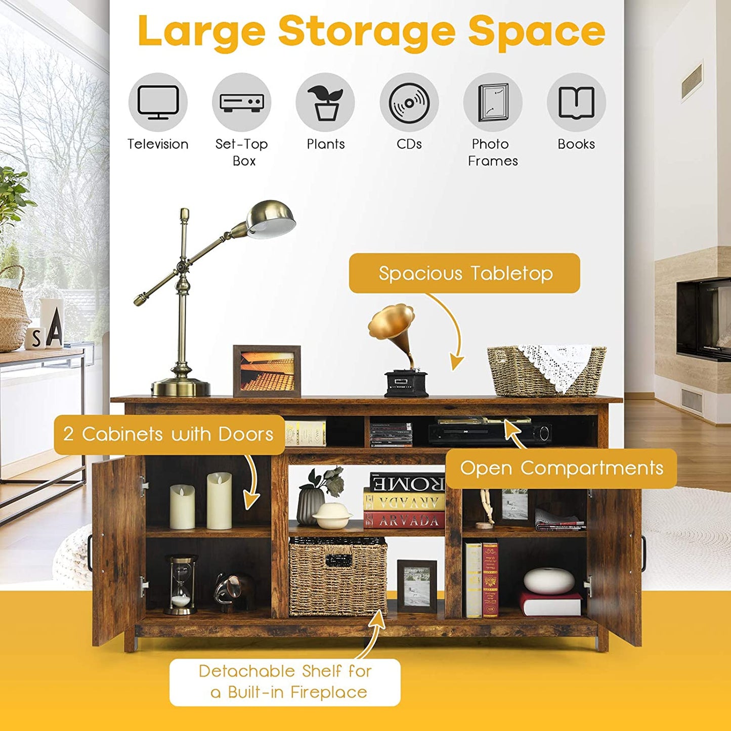60" Industrial TV Stand with Shelves and Storage Cabinet for TVs up to 65 Inches