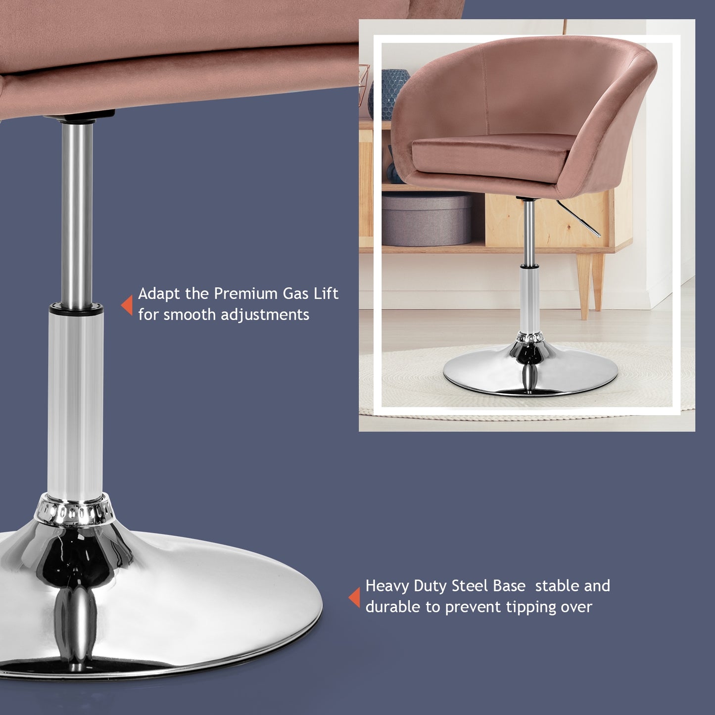 360 Degree Swivel Velvet Vanity Chair with Round Backrest and Metal Base in Pink