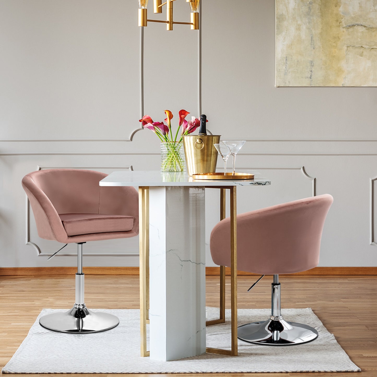 360 Degree Swivel Velvet Vanity Chair with Round Backrest and Metal Base in Pink