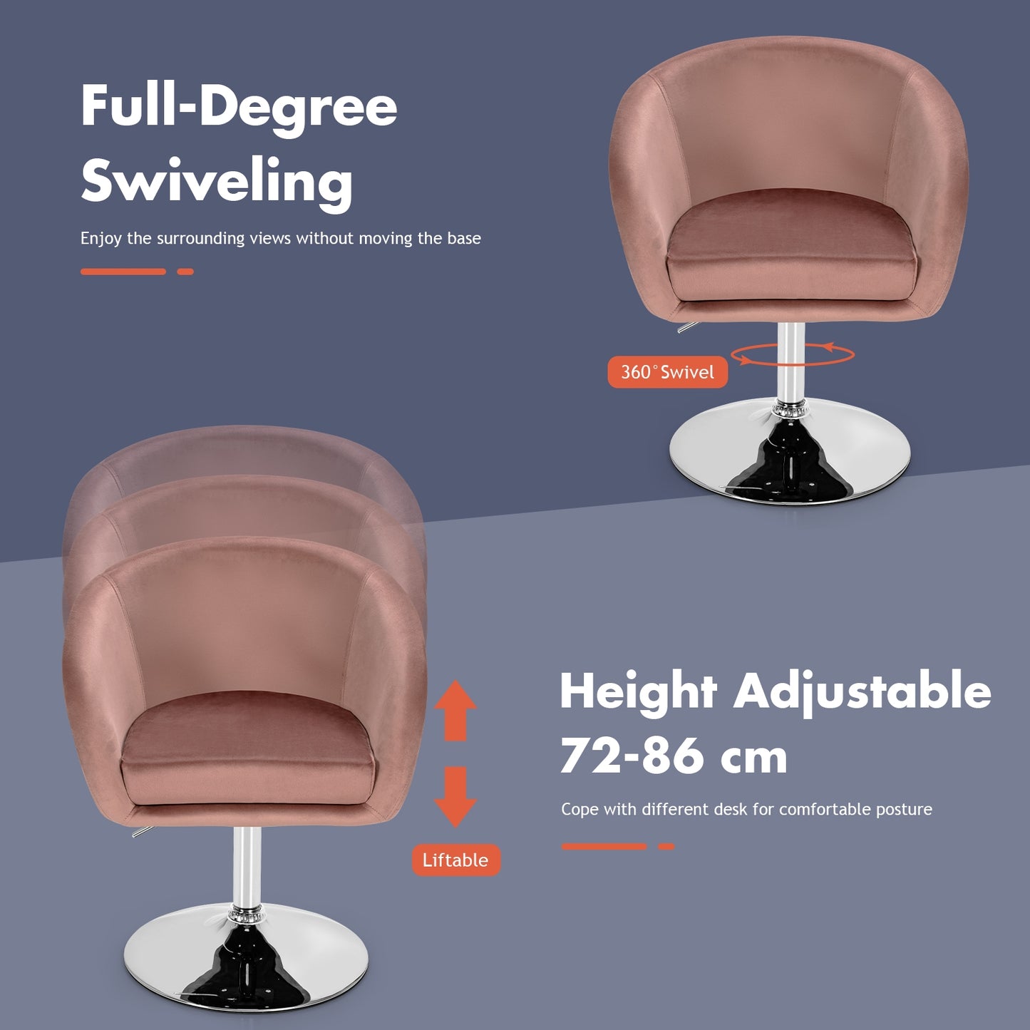 360 Degree Swivel Velvet Vanity Chair with Round Backrest and Metal Base in Pink