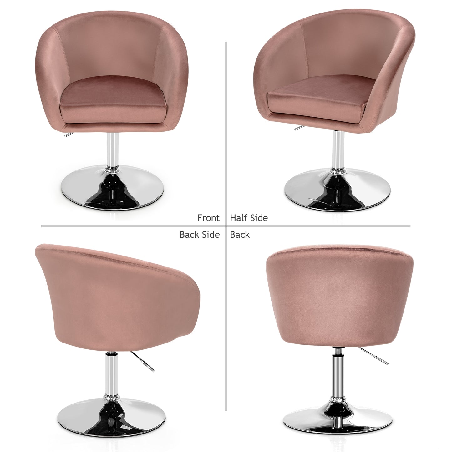 360 Degree Swivel Velvet Vanity Chair with Round Backrest and Metal Base in Pink