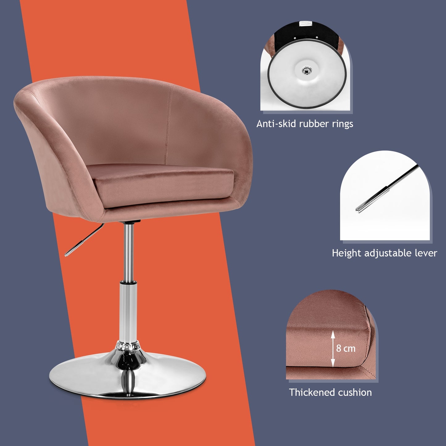 360 Degree Swivel Velvet Vanity Chair with Round Backrest and Metal Base in Pink