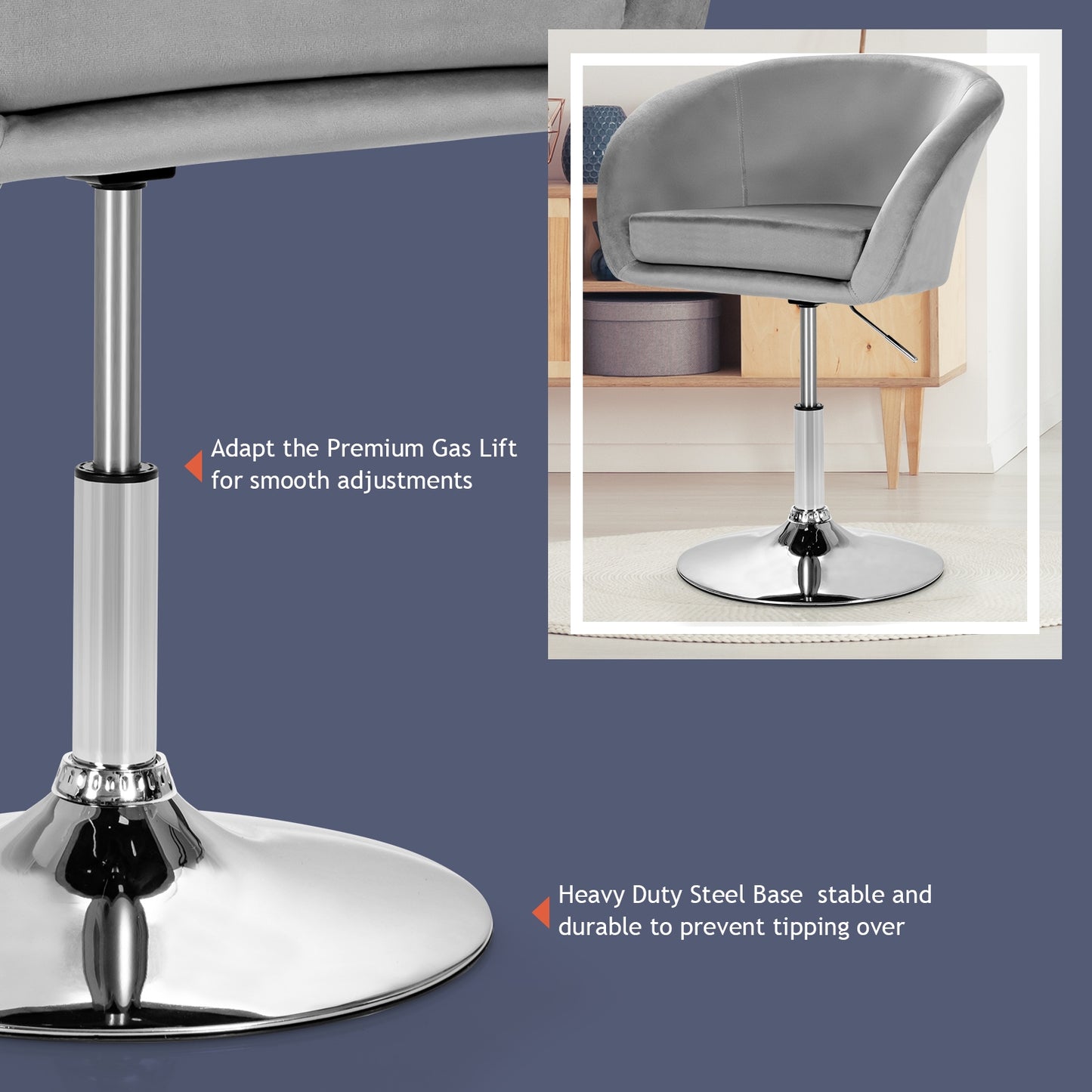 360 Degree Swivel Velvet Vanity Chair with Round Backrest and Metal Base in Grey
