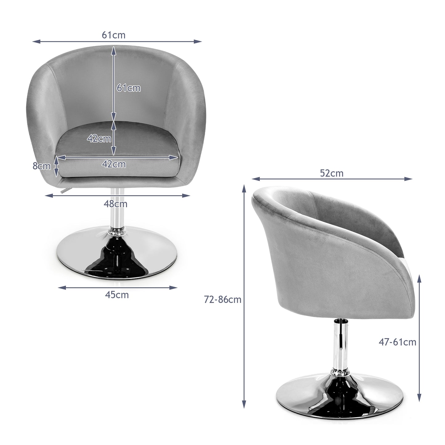 360 Degree Swivel Velvet Vanity Chair with Round Backrest and Metal Base in Grey