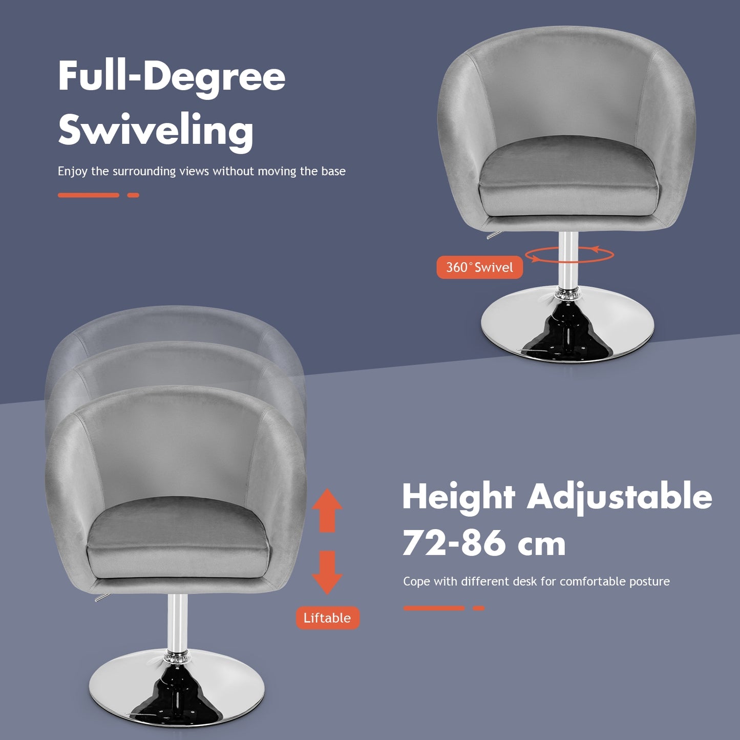 360 Degree Swivel Velvet Vanity Chair with Round Backrest and Metal Base in Grey