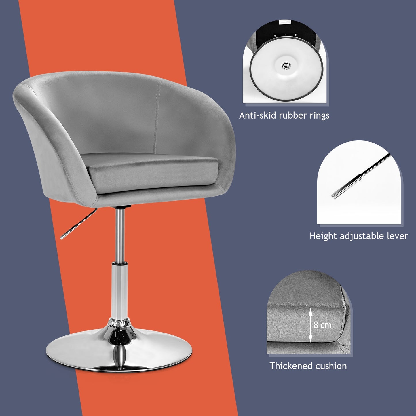 360 Degree Swivel Velvet Vanity Chair with Round Backrest and Metal Base in Grey