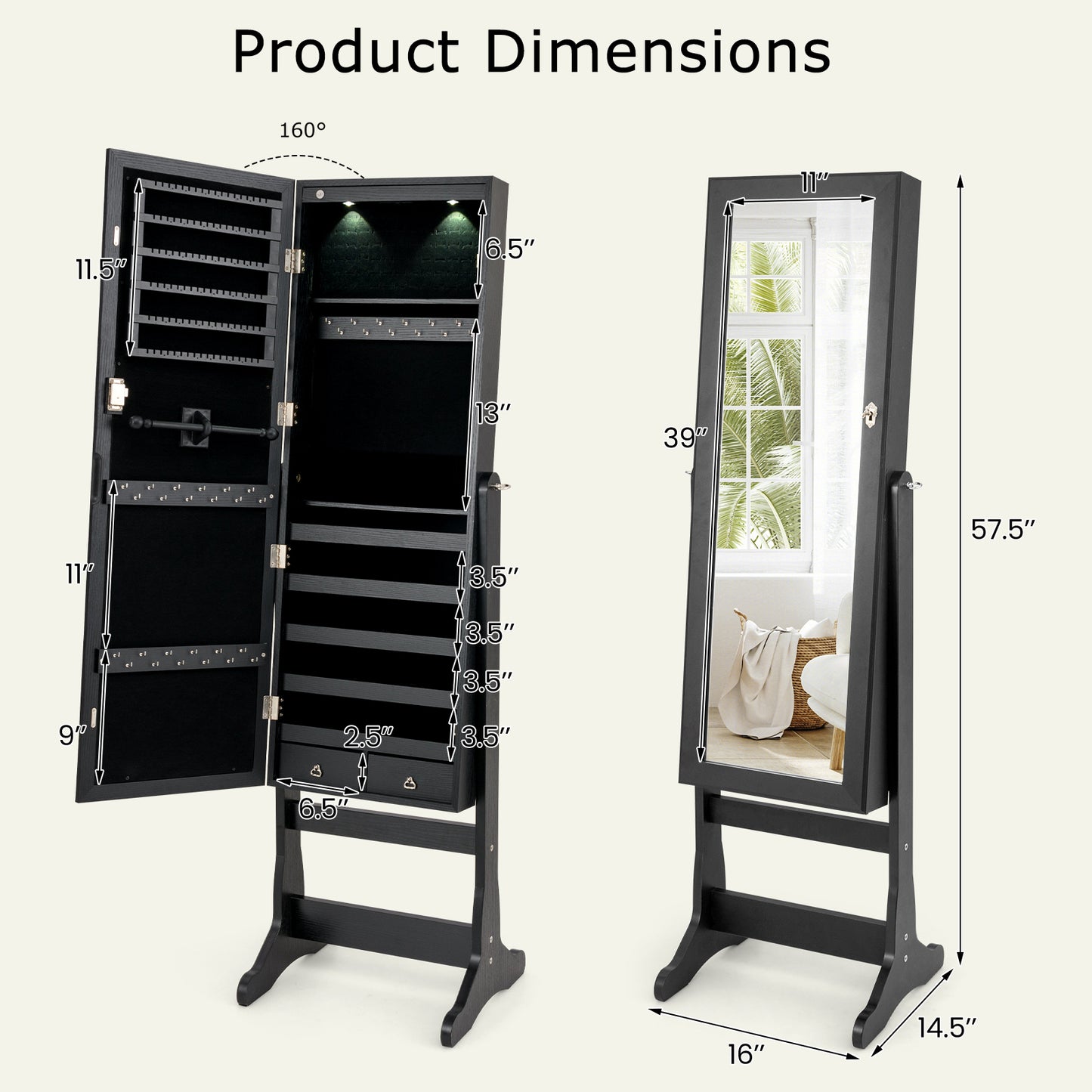 Freestanding Jewelry Armoire with Full-Length Mirror, LED Lighting, Lockable Storage and Adjustable Tilt – Black