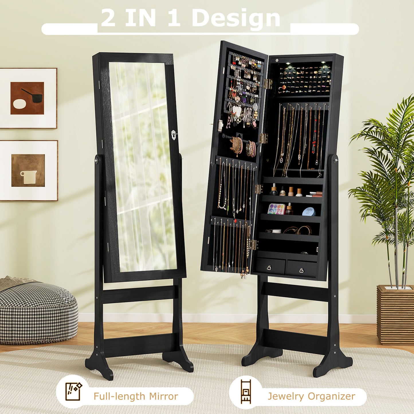 Freestanding Jewelry Armoire with Full-Length Mirror, LED Lighting, Lockable Storage and Adjustable Tilt – Black