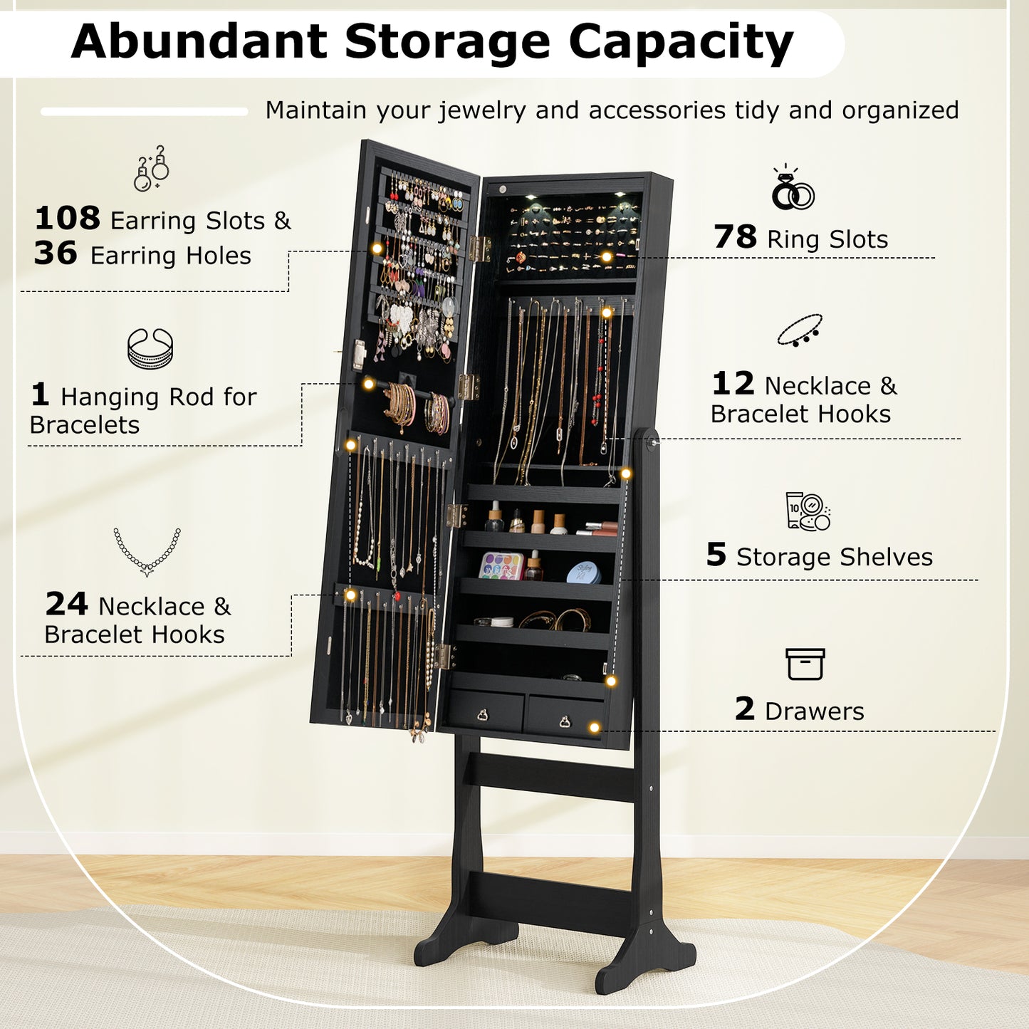 Freestanding Jewelry Armoire with Full-Length Mirror, LED Lighting, Lockable Storage and Adjustable Tilt – Black
